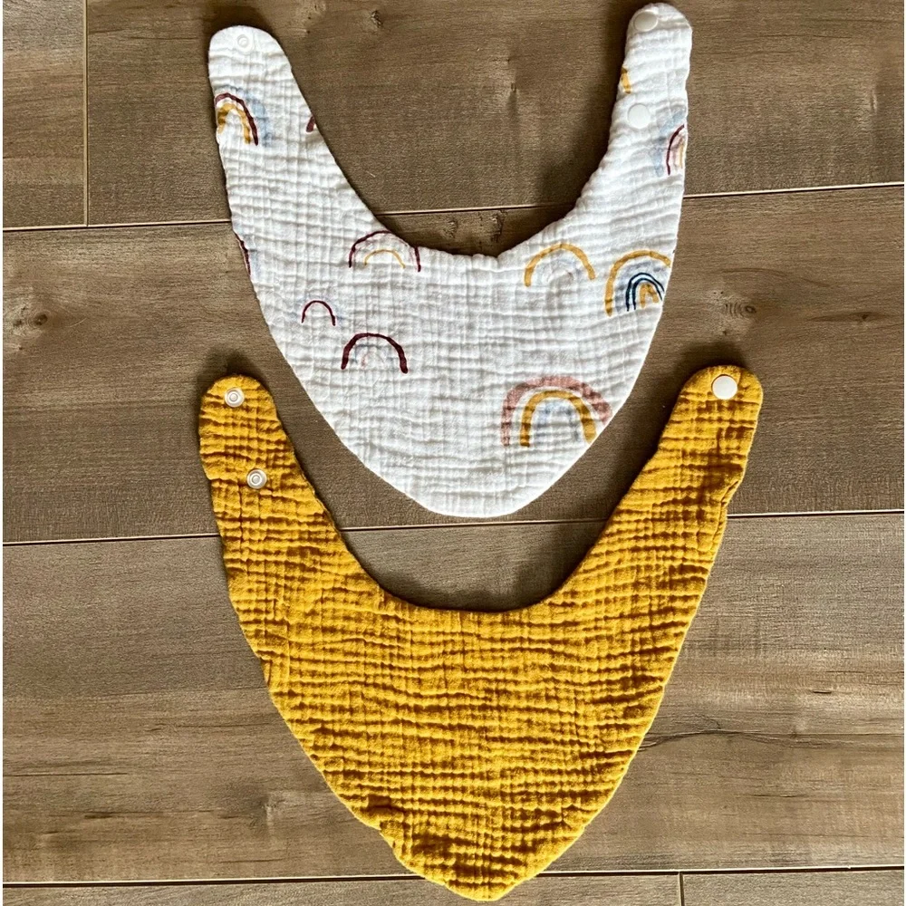 Set of 2 Double Gauze Bandana Bibs in Mustard and Neutral Rainbow Print